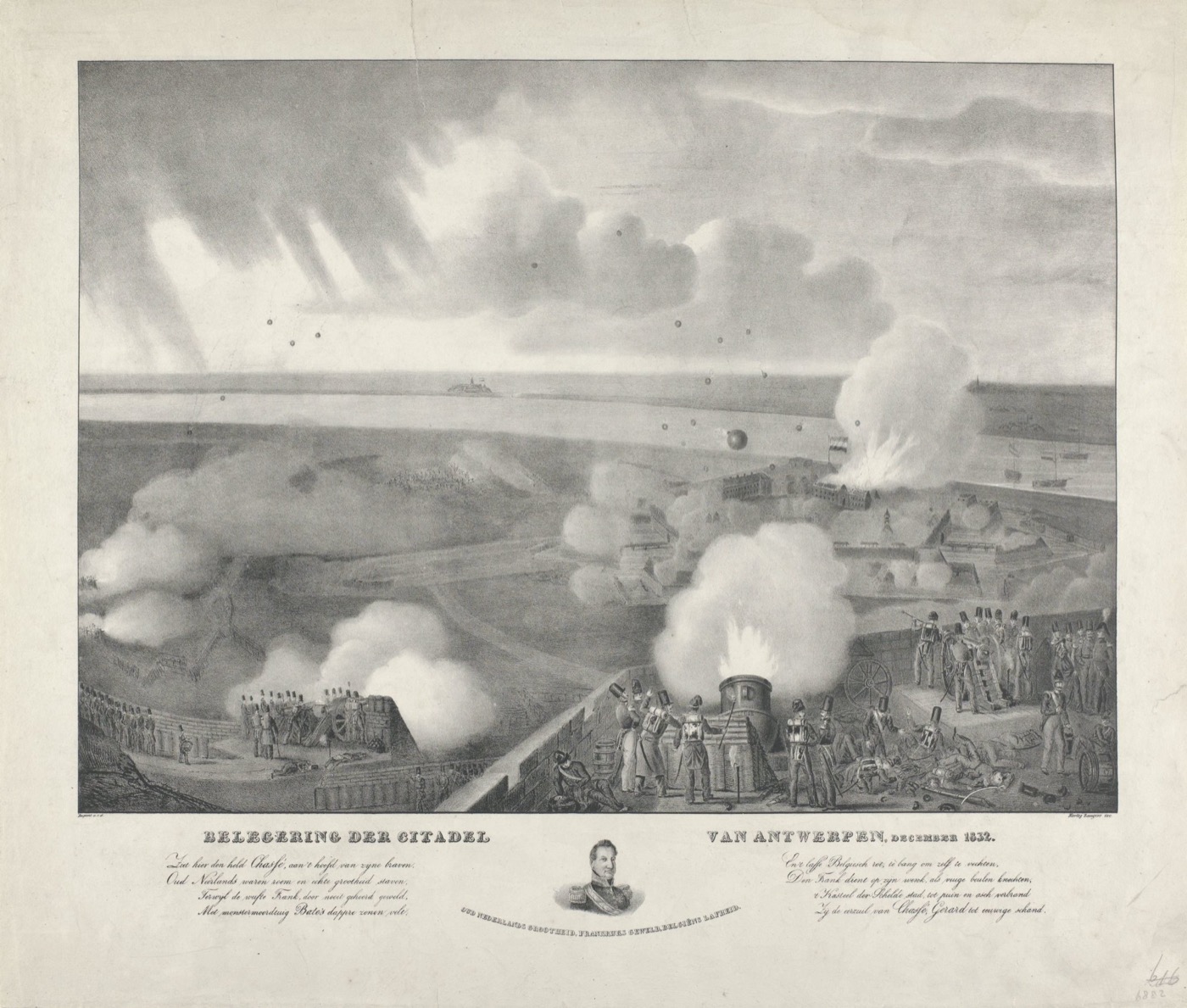 Contemporary Dutch lithograph of the siege of the Citadel of Antwerp, December 1832